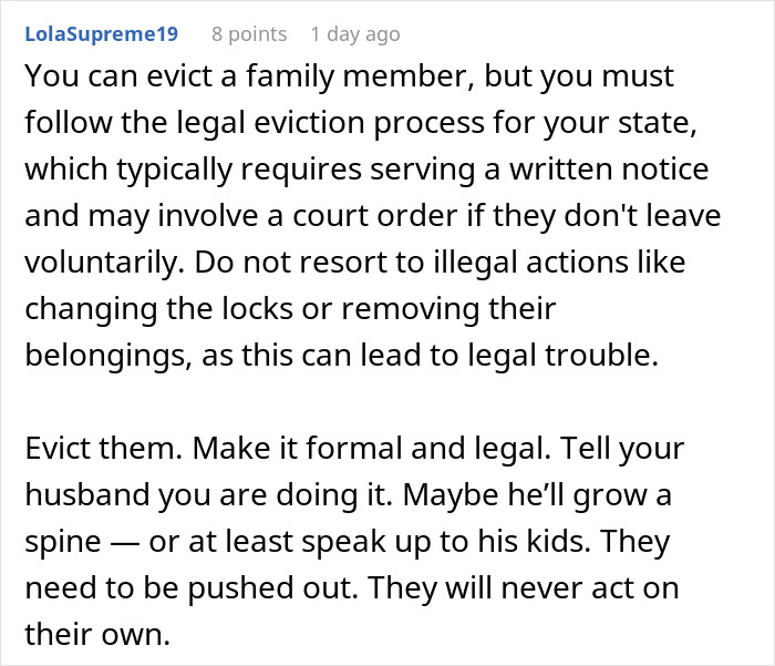 Text discussing legal eviction process and advice for handling messy, mooching adult stepkids in a family home.