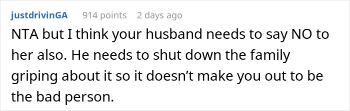 Screenshot of a Reddit comment discussing a woman refusing to let her homeless sister-in-law move in, involving a family dispute.