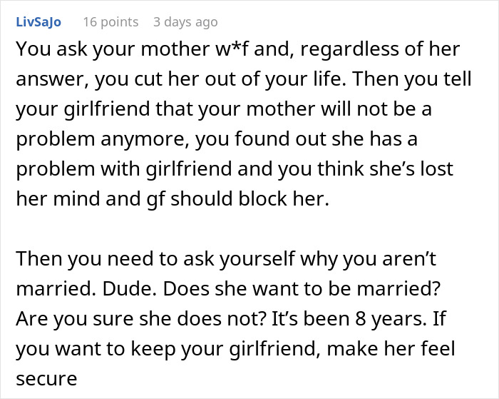 Man cuts ties with his mother after she reveals true colors through texts to his girlfriend discussing relationship issues.