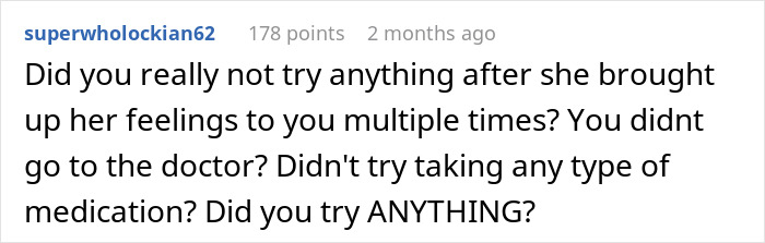 Reddit user questions husband&rsquo;s refusal of intimacy for years and asks if he sought medical help or tried medication.