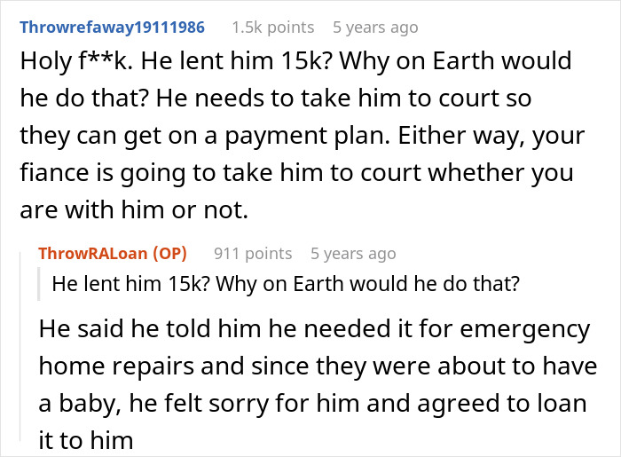 Reddit discussion about bride&rsquo;s family wanting to call off wedding after fianc&eacute; threatens legal action over loan dispute.