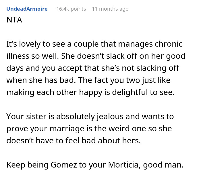 Comment praising a couple managing chronic illness with affection while sister is jealous and critical of their relationship.