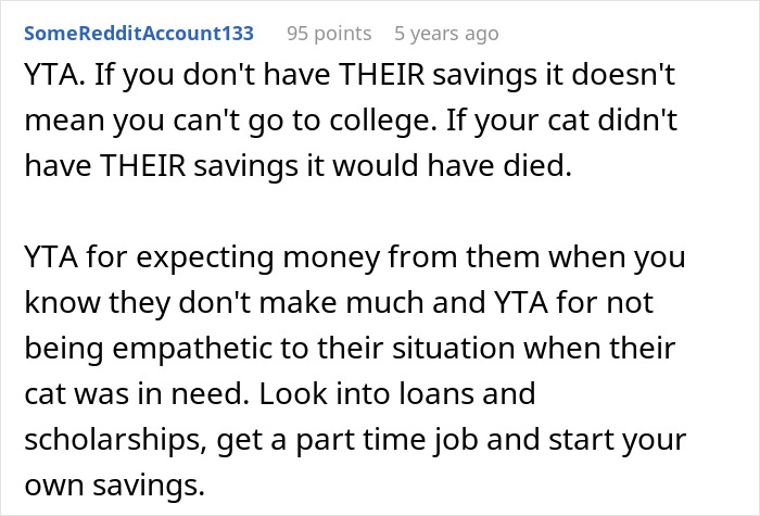 Reddit comment discussing parents using 16YO's college fund for cat surgery and teen refusing to share savings.