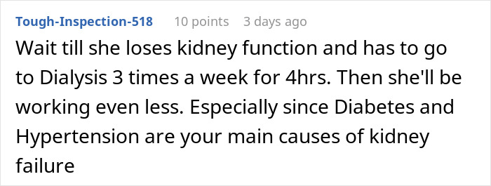 Comment about woman eating what she shouldn&rsquo;t causing coworker to pay the price, mentioning kidney failure risks.