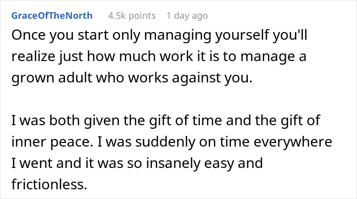 Screenshot of a Reddit comment about managing a grown adult after a woman stops treating her husband like a kid.
