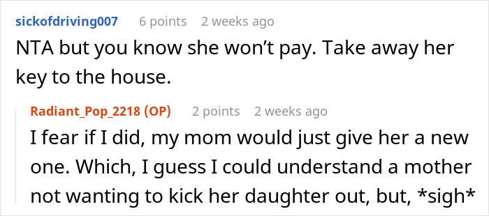 Screenshot of a Reddit conversation about a woman wanting to charge her sister a clean-up fee after spotting roaches.