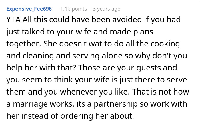 Screenshot of internet comment criticizing a man for expecting his wife to cook for guests without helping.