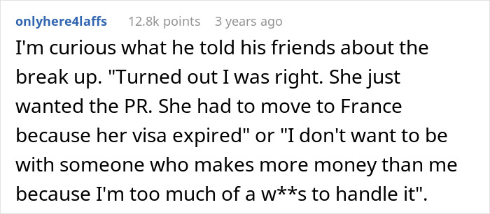 Comment discussing a woman leaving the US to start a new life in France due to her boyfriend not handling her success.