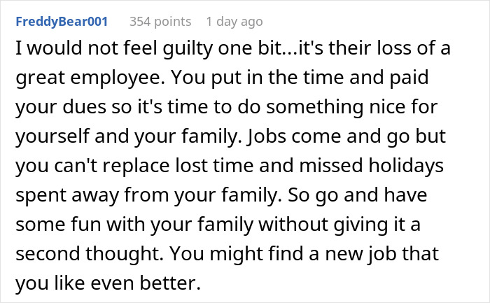 Comment about a hospital&rsquo;s family first vacation policy backfiring as a child-free employee quits before Christmas.