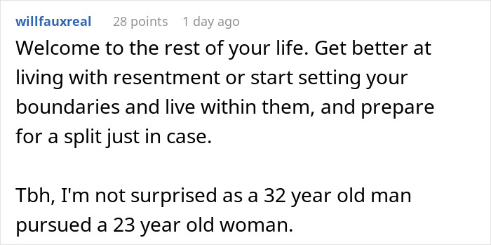 Comment discussing relationship boundaries and resentment related to husband struggling with Thanksgiving shopping pressure.