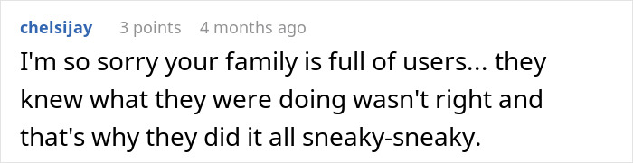 Screenshot of a Reddit comment discussing a family conflict involving a rich man refusing to pay for a cake his SIL ordered secretly.