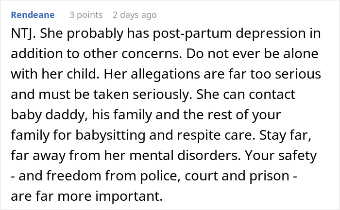 Comment advising caution and safety when a sibling refuses newborn nephew care due to mental health concerns.