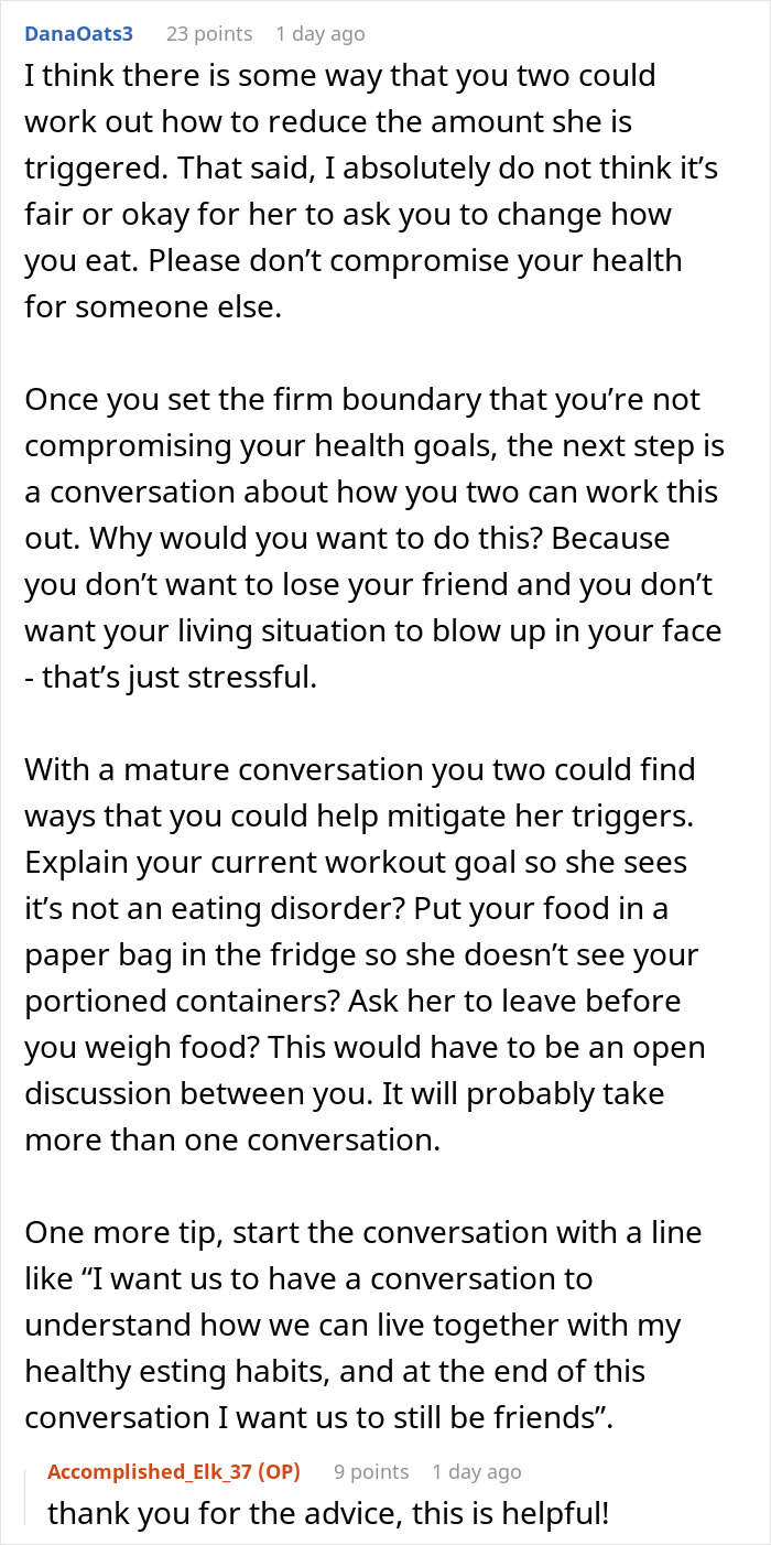 User advice on setting boundaries with health nut roommate whose strict diet triggers eating disorder symptoms.