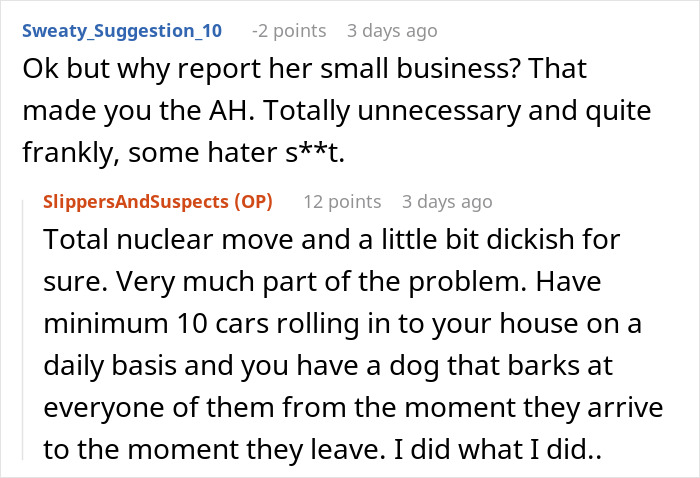 Screenshot of a Reddit conversation about a woman going nuclear on neighbors with noisy dogs and reporting their small business.