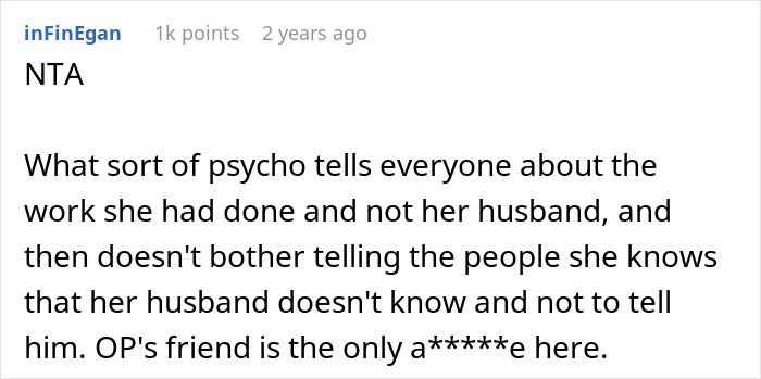Screenshot of a forum comment discussing friendship crumbling after woman exposes friend’s surgery secret to husband. Screenshot of a forum comment discussing friendship crumbling after woman exposes friend’s surgery secret to husband.