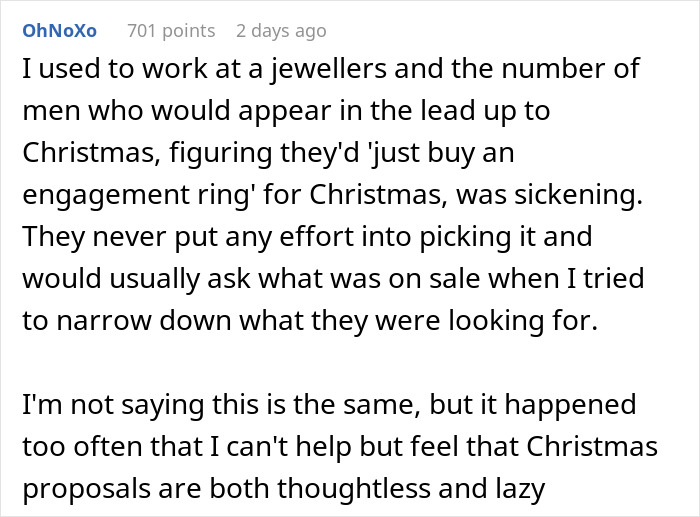 User comment sharing experience of men thinking a proposal counts as a Christmas gift, highlighting thoughtless engagement ring purchases.
