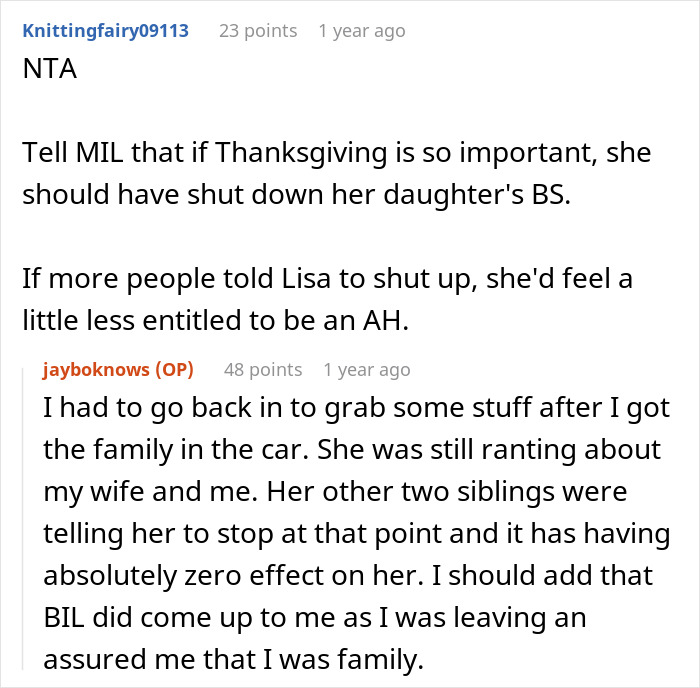 Husband drags wife and kids from Thanksgiving after sister throws tantrum during family gathering discussion.