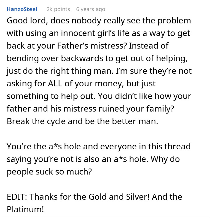 Commenter discussing refusal to fund surgery for dad&rsquo;s lovechild using inheritance money, calling the woman heartless.