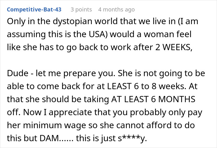 Comment discussing workplace and employee rights related to pregnancy and return-to-work policies in a right to fire state.