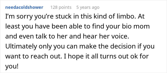 Comment expressing sympathy for a woman wanting to reunite with her bio family despite adoptive parents' threats.