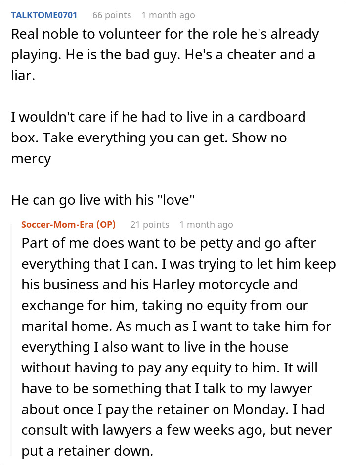 Reddit comments discussing a man wanting to be single but not divorced while negotiating property and equity with his wife.