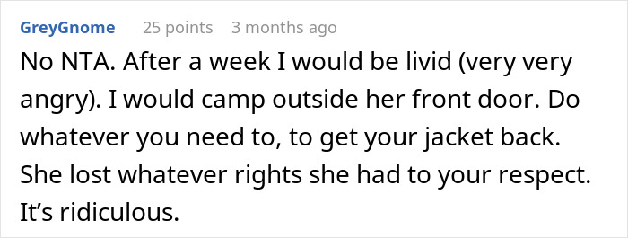 Screenshot of an online comment discussing refusal to return an expensive jacket from a coworker, expressing frustration.