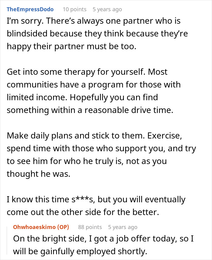 Screenshot of a supportive discussion about healing and therapy after leaving a cheating husband, sharing inspiring update. Screenshot of a supportive discussion about healing and therapy after leaving a cheating husband, sharing inspiring update.