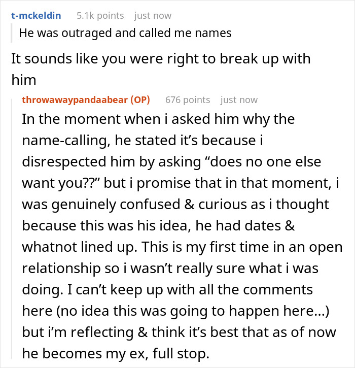 Reddit conversation about boyfriend opens relationship but ends up getting no dates and causes emotional confusion and break up. Reddit conversation about boyfriend opens relationship but ends up getting no dates and causes emotional confusion and break up.