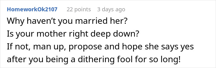 Screenshot of a Reddit comment discussing relationship advice after a man cuts ties with his mother over texts.
