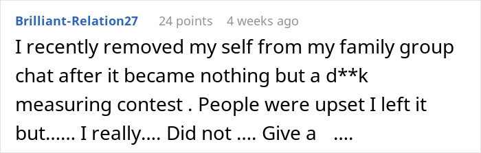 Screenshot of a user sharing their experience about birthday money in a family chat that turned into a measuring contest.