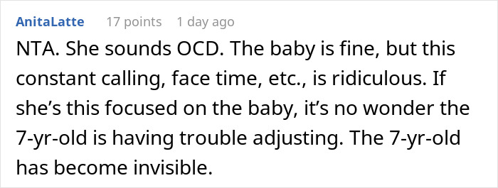 Screenshot of a forum comment about a friend agreeing to babysit overnight and a mom&rsquo;s frequent panic calls.