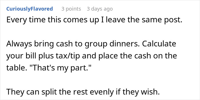Alt text: User advice on group dinners highlighting guests taking advantage and one friend having had enough of unfair splitting. Alt text: User advice on group dinners highlighting guests taking advantage and one friend having had enough of unfair splitting.