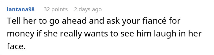 Comment text on a white background discussing money in the context of sister wedding culture and fianc&eacute; relationships.