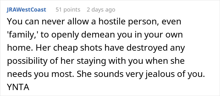 Comment about woman refusing homeless sister-in-law to move in after being called gold digger, highlighting family conflict and jealousy.