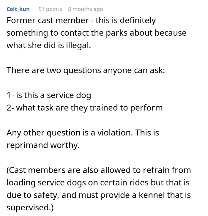 Comment from former cast member explaining Disneyland service dog questions and policy violations for disabled guests.