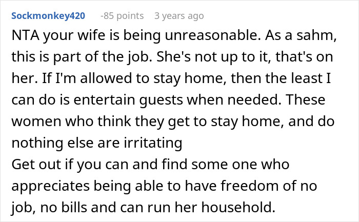 Online comment discussing a man expecting his wife to cook when he invites guests, sparking internet reality check.