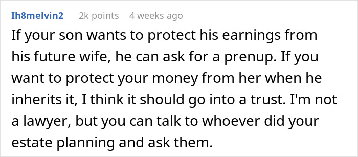 Comment discussing future daughter-in-law demanding an $80,000 wedding and wealthy in-laws requesting a prenup in return.