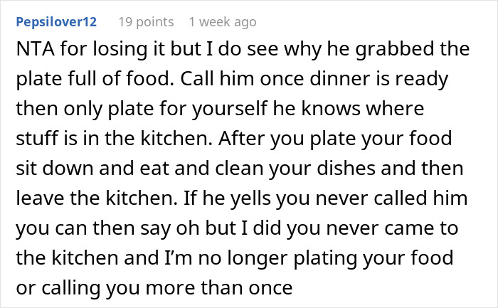 Commenter explains frustration over unequal domestic chores and dinner expectations in a shared household discussion.