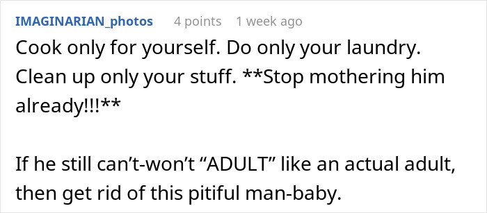 Text highlighting a woman done playing mommy as the guy leaves domestic chores and expects dinner, urging him to adult.