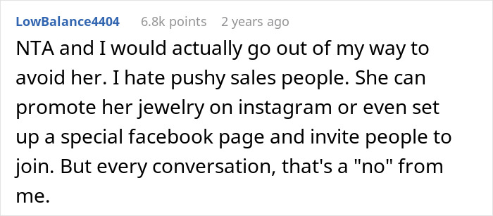 Reddit comment about Etsy artist self-promoting jewelry at family events causing upset husband and pushback from others. Reddit comment about Etsy artist self-promoting jewelry at family events causing upset husband and pushback from others.