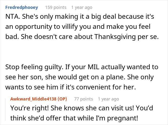 Reddit comment discussion about a MIL being selfish and possessive over her son choosing wife and baby over her.