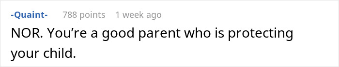 Comment text on a white background stating support for a parent protecting their child amid family conflict over paganism and foods.