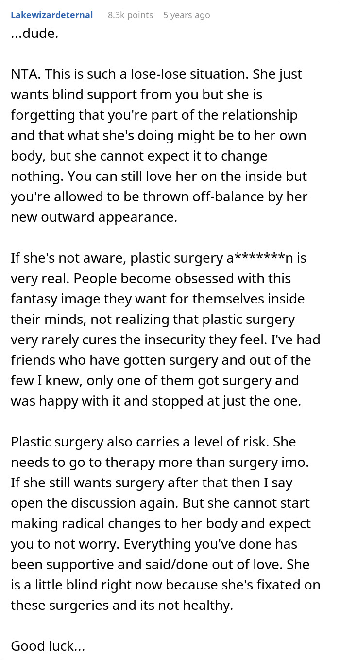 Comment discussing a husband&rsquo;s brutally honest feelings about his wife&rsquo;s plastic surgeries and relationship impact.