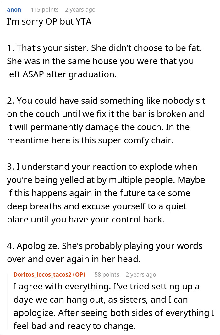 Reddit discussion about an obese lady upset over a $100 separate chair bought by her sister, labeled fat for outburst.
