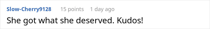 Comment reading She got what she deserved Kudos in a simple black font on a white background about petty revenge on husband’s coworker who tried to seduce him Comment reading She got what she deserved Kudos in a simple black font on a white background about petty revenge on husband’s coworker who tried to seduce him