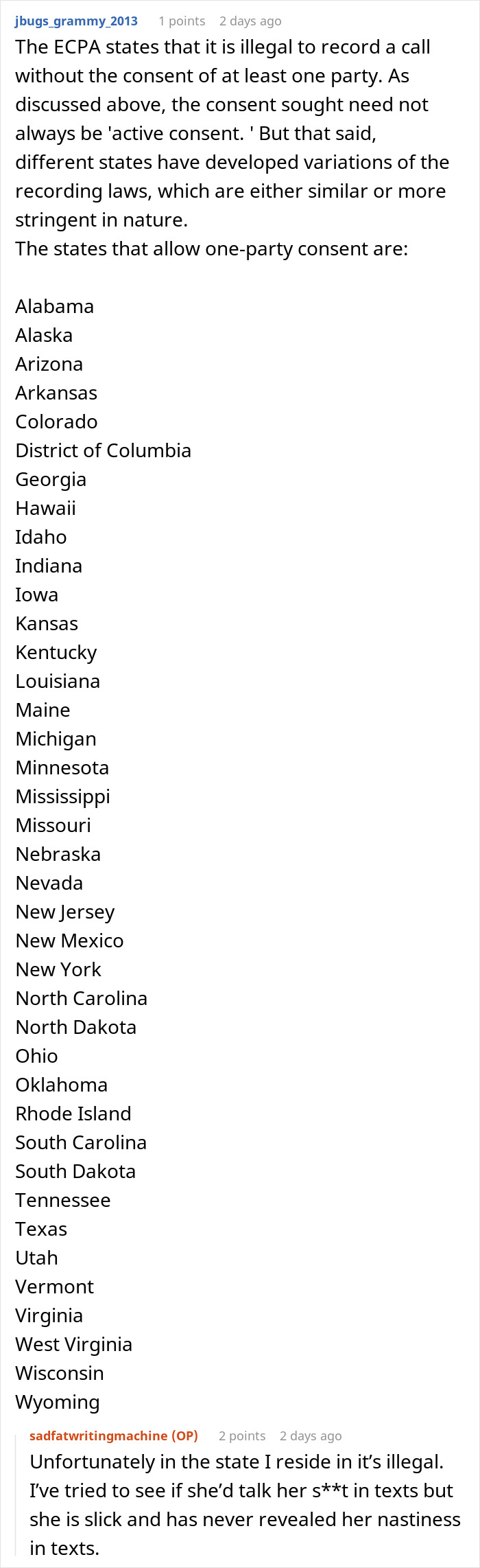 List of U.S. states allowing one-party consent for recording calls discussed in a Reddit thread about stepdaughter’s sexuality comment. List of U.S. states allowing one-party consent for recording calls discussed in a Reddit thread about stepdaughter’s sexuality comment.
