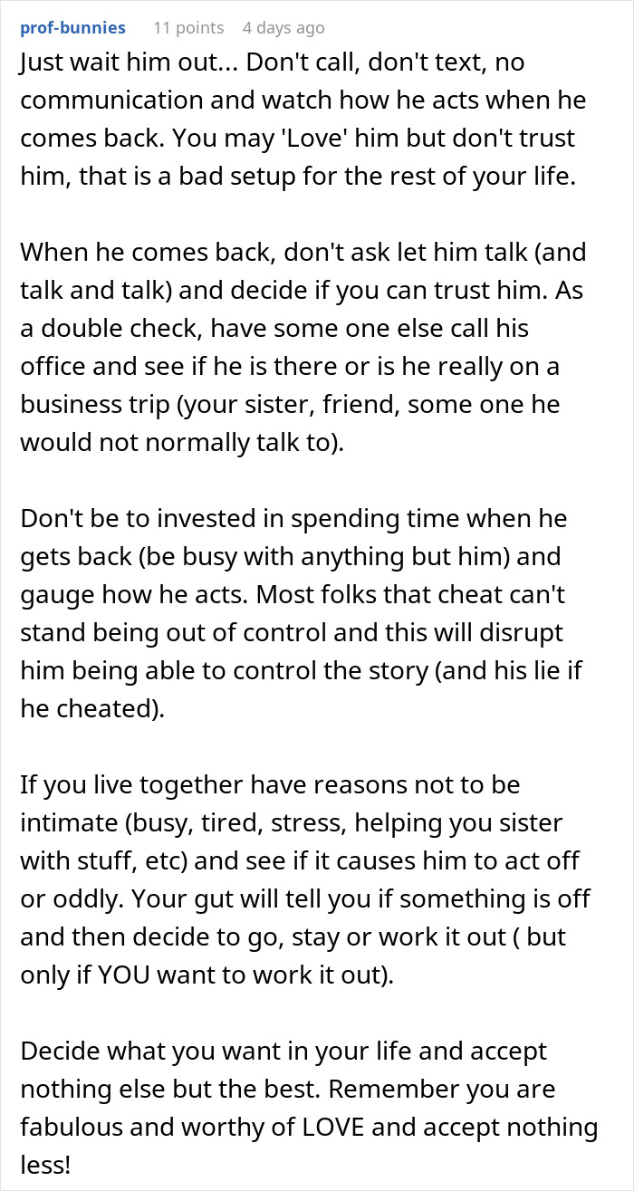 Comment advising on trust issues and suspicion during a man&rsquo;s suspicious work trip causing relationship doubts.