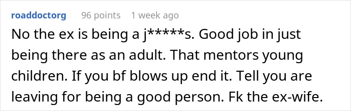 Screenshot of a Reddit comment discussing a man upset after his ex blew up on his girlfriend for bonding with their son.
