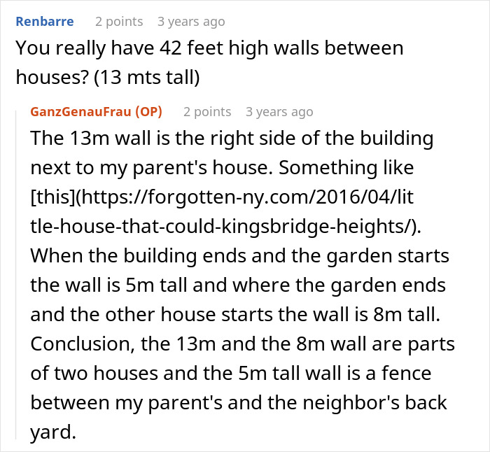 Reddit comments discussing a neighbor’s 42 feet high walls and a plant wall dispute involving a concrete view gift. Reddit comments discussing a neighbor’s 42 feet high walls and a plant wall dispute involving a concrete view gift.