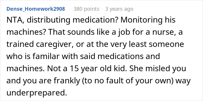 Commenter Dense_Homework2908 discussing concerns about a teen sitter caring for a nonverbal, bedridden boy requiring medical attention.